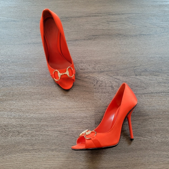Gucci Orange Gold Horsebit Leather Peep Toe Heels Size 6 - Picture 2 of 13